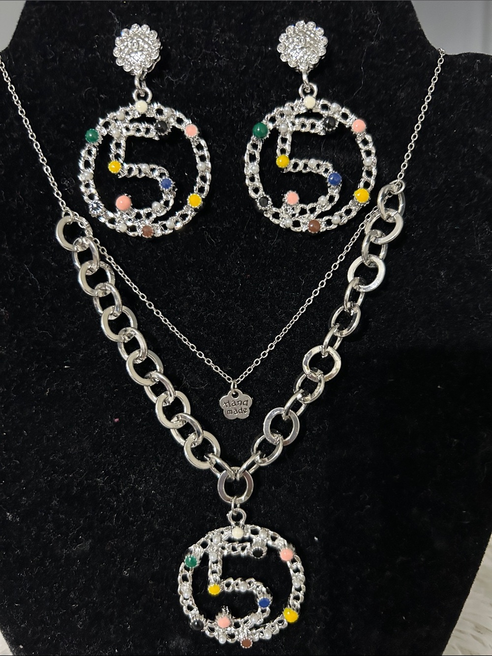 Handmade Silver-Tone Multicolor Number 5 Pendant Necklace and Earring Set